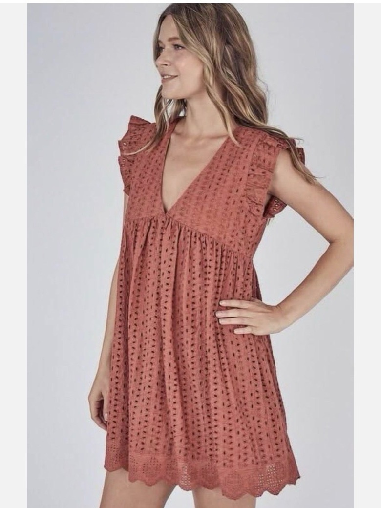 Eyelet Flutter-Sleeve Mini Dress In Dusty Rose